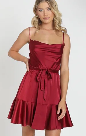 Showpo Like You Never Know Dress In Wine Satin thumbnail 1