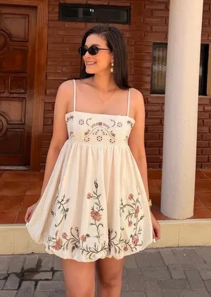 Zara Cream Floral Embroidered Spaghetti-Strap Mini Bohemian Dress thumbnail 1