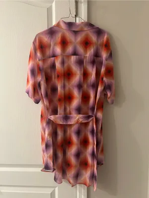 Olivaceous Geometric Short-Sleeve Button-Down Shirt Dress - Purple & Orange thumbnail 3