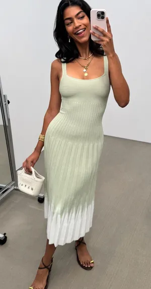 Staud Tie Dye Ellison Dress Sleeveless Pleated Midi A-Line Green & White Small thumbnail 1