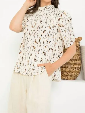 THML Cream Tan Brown Feather Not In My Cap Ruched Half Sleeve Blouse Medium thumbnail 1