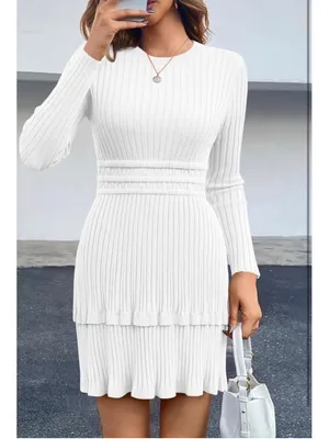 NEW Long Sleeve Sweater Dress Ribbed Knit Crewneck A Line L thumbnail 7