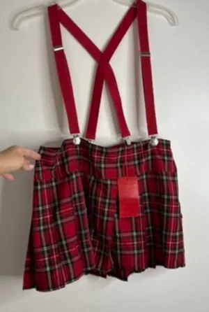 Royal Bones Red Plaid Suspender Mini Skirt Goth Punk Grunge Pleated NWT Size L thumbnail 1