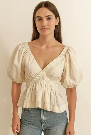 Abercrombie & Fitch Women XS Linen Blend Peplum Top Boho Cottage Boho Chic thumbnail 1