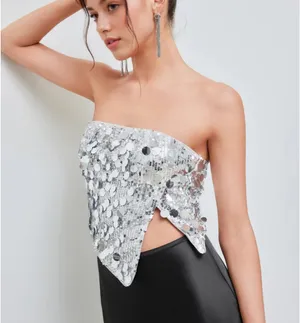 Cider SEQUIN ASYMMETRICAL SPLIT TUBE CROP TOP thumbnail 2
