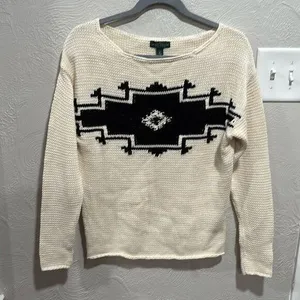Ralph Lauren Boat Neck Intarsia Knit Sweater Pullover Cream Black Size Small thumbnail 1