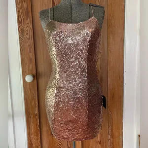NWT Lulus Gold Sequin Bodycon Mini Dress Spaghetti Strap Party Night Out~S 💚🍄 thumbnail 3