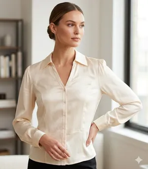 Semantiks Light Cream Stretch Silk Collared Long Sleeve Blouse thumbnail 1
