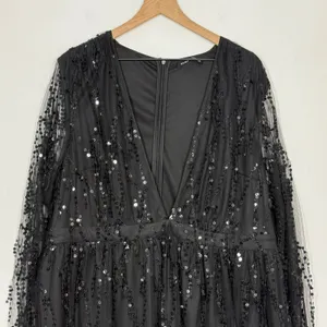 Double Crazy Sequin Mini Dress Plus Size 4XL Black Deep V-Neck Party Club Fringe thumbnail 3