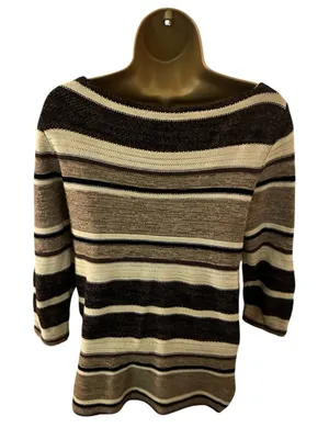 Lauren Ralph Lauren 3/4 Sleeve Striped Boat Neck Knit Sweater Brown S thumbnail 4