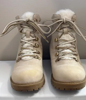 Shimmer Cream Faux Fur Trim Lace‎ Up Ankle Hiker Boots Size 6.5M Women's thumbnail 1