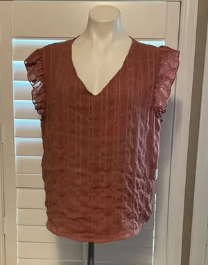 SHEIN Rust Ruffle Sleeve V-Neck Blouse thumbnail 1