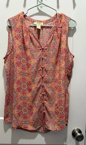 Cynthia Rowley Blouse Women’s Large Floral Tunic Pink Orange Button thumbnail 1