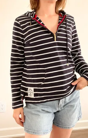 Ralph Lauren Navy and White Striped Half-Zip Hoodie with Red Accents thumbnail 1