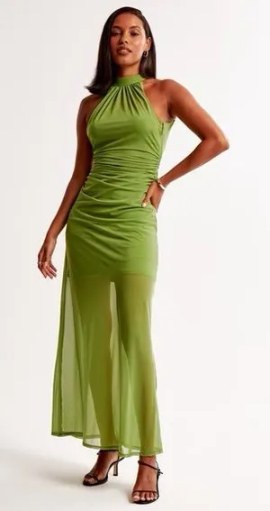 Abercrombie & Fitch Vol. 28 Sheer Halter Maxi Dress in Green thumbnail 1