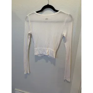 Alo Yoga Cover Long Sleeve Top Cream Ivory Ribbed Wrap Front Cropped Small thumbnail 3