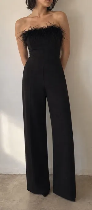 The Noli Shop Black Jumpsuit Feather Trim Strapless Small Glam Party Chic thumbnail 1
