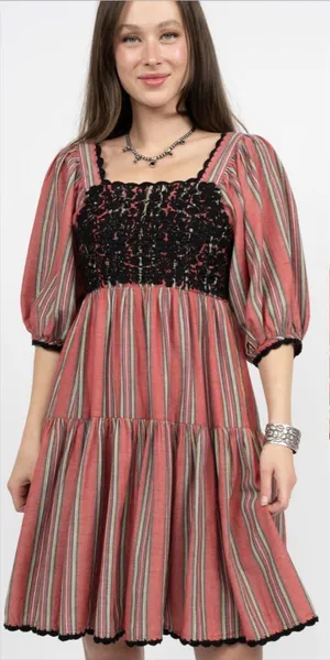 Sister Mary Sierra Dress Size Large Cotton Stripe Embroidered Smocked Boho Red thumbnail 1