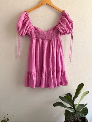 Olivaceous pink Smocked Puff Sleeve Babydoll mini Dress Women's M 100%linen thumbnail 4