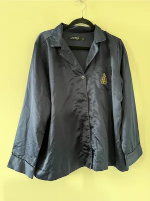 Lauren Ralph Lauren Navy Blue Satin Button Up Pajama Top Large Quiet Luxury thumbnail 1