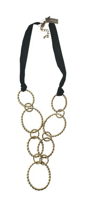 Chico's Raven Long Necklace Interlocking Gold-Tone Braided Circles Black Velvet thumbnail 1
