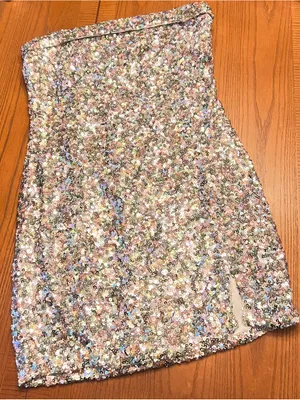 Mable Silver Allover Sequin‎ Bodycon Strapless Mini Dress Front Slit Size Large thumbnail 4
