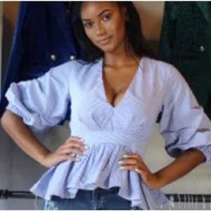 DO+BE Blue/White Boutique Pinstripe Ruffled Sleeve Plunge Top, S thumbnail 2