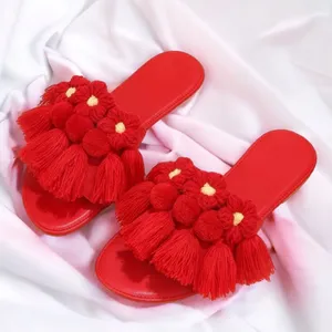 New Red Slide Sandal Tassel Pom Pom Faux Suede Slip On Bohemian Sz-8 thumbnail 8
