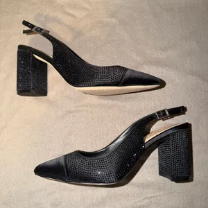 Jewel Badgley‎ Mischka Womens Black Crystal Embellished Slingback Block Heels 6 thumbnail 2