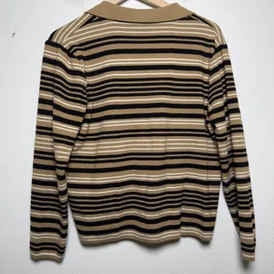 Selfie Couture Women Cotton Ramie Striped Cardigan Sweater XL Brown Preppy Polo thumbnail 4