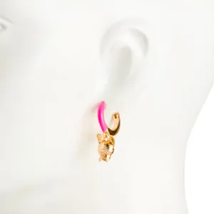 🐶BETSEY JOHNSON Frenchie Enamel Hoop Earrings / Gold Tone Hot Pink thumbnail 3