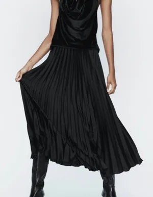 NWT Zara black satin pleated midi skirt. Size Large thumbnail 1