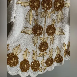 Vintage Silk Beaded Sequin Floral Top White Gold 80s Glam Party Blouse thumbnail 8
