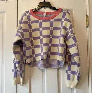 Anthropologie Daily Practice Plaid Purple & White Long-Sleeve Cropped Sweater M thumbnail 4