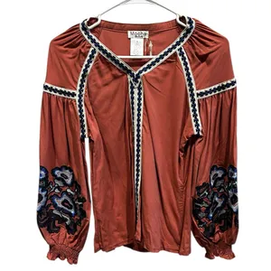 Mocha Apparel Rust Embroidered Boho Peasant Blouse Balloon Sleeve S NWT thumbnail 2