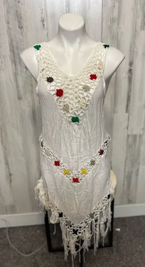 Boho Cream Crochet Floral Trim Asymmetrical Fringe Handkerchief Hem Cover Up Dre thumbnail 1