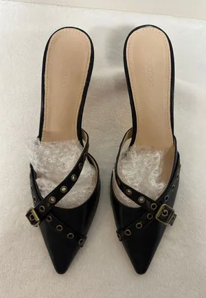 POINTIGO Black Pointed Mule Heels with Buckle Strap Detail thumbnail 1