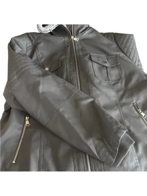 Novish Womens Gray Faux Leather Jacket with Sherpa Hood thumbnail 3