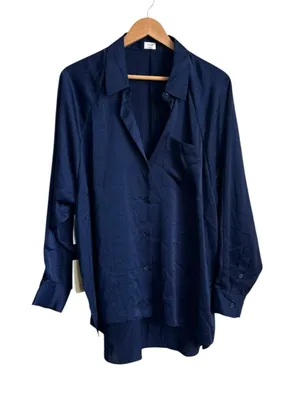 Wilfred by Aritzia Satin Button Down Blouse Navy Blue Women's Medium NWT thumbnail 1