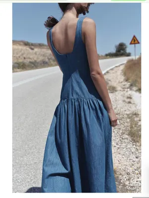 NWOT ZARA MIDI CAPE Denim SKIRT DRESS Medium Blue Cotton Linen Blend thumbnail 4