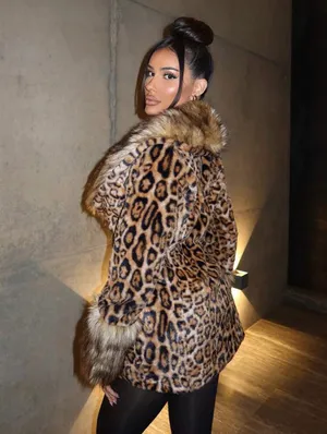 Leopard Faux Fur Trim Coat - Brown Animal Print Jacket thumbnail 4