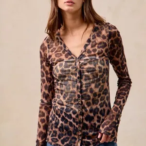 BiBi Leopard Printed Mesh‎ Shirt With Button Up V Neck Size XL thumbnail 13