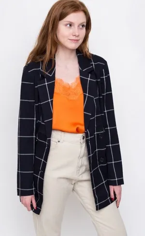 Ichi Tamilla Windowpane Navy Blue‎ Blazer Jacket Size Small Business Casual thumbnail 1