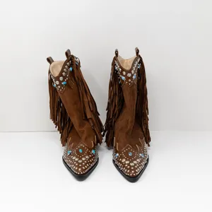 NEW Azalea Wang Anorak Faux Vegan Suede Fringe Embellished Western Booties Brown thumbnail 2