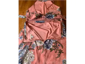 Miami maxi Dress Large Peach with Blue Yellow Floral Halter Crochet Derails thumbnail 9