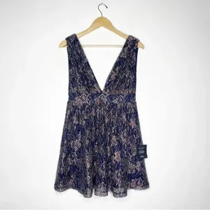 Lulus Tawny Navy Blue and Gold Metallic Lace Skater Dress Size Small NWT thumbnail 7