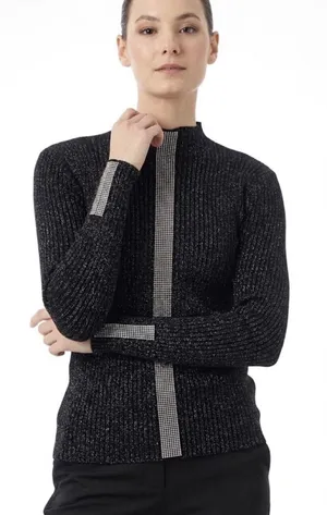 Nancy Yang black ribbed mock neck sweater Studded Size XS Black Multi thumbnail 1