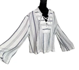 BOHO Flare Bell Sleeve Lace Up Tie Front Top Womens‎ L Striped Popover Cropped thumbnail 1