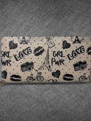 Paris Eiffel Tower Double Zip Wallet Beige Black thumbnail 8