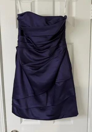 David's Bridal Plum Strapless Ruched Satin Cocktail Dress‎ thumbnail 1